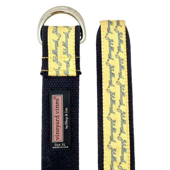 Vineyard Vines XL Belt John Hancock Script Yellow Navy Canvas D-Ring USA Made - Picture 3 of 5